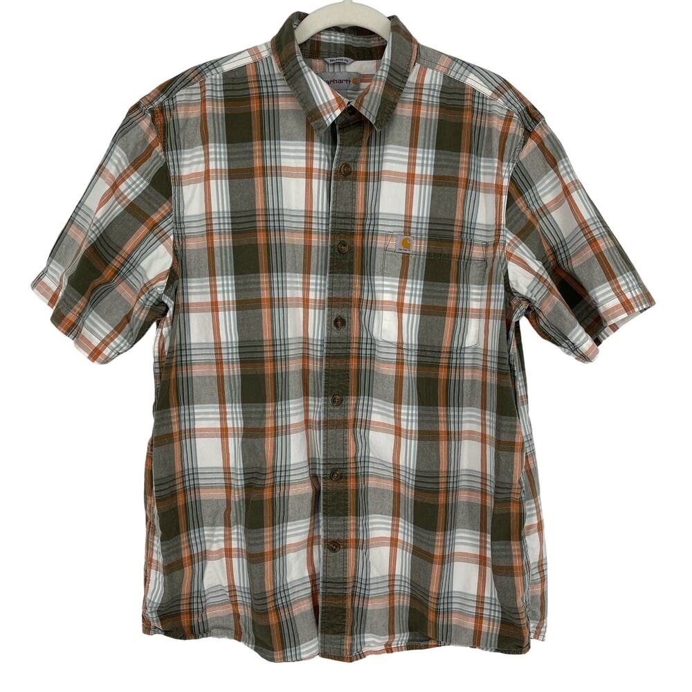 Carhartt Relaxed Fit Plaid Button Down Collared Shirt Men's Large Green Orange - Picture 7 of 7